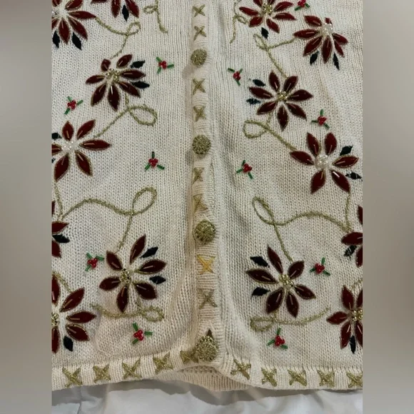 Vintage Ugly Christmas Sweater Vest Beaded Grandma Poinsettia Embroidered - Picture 2 of 15